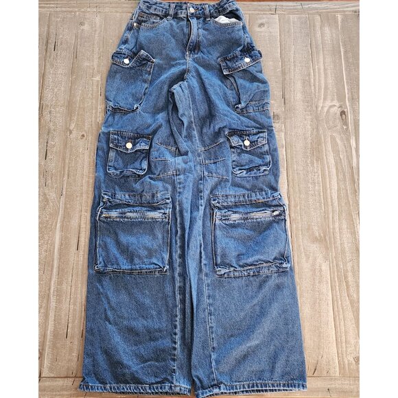 Fashion Nova Cargo Jeans Juniors Size 1 Blue High Rise - Picture 2 of 6